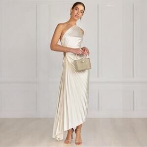 Anthropologie x Dress Forum One-Shoulder Pleated Cutout Dress Ivory Size Medium